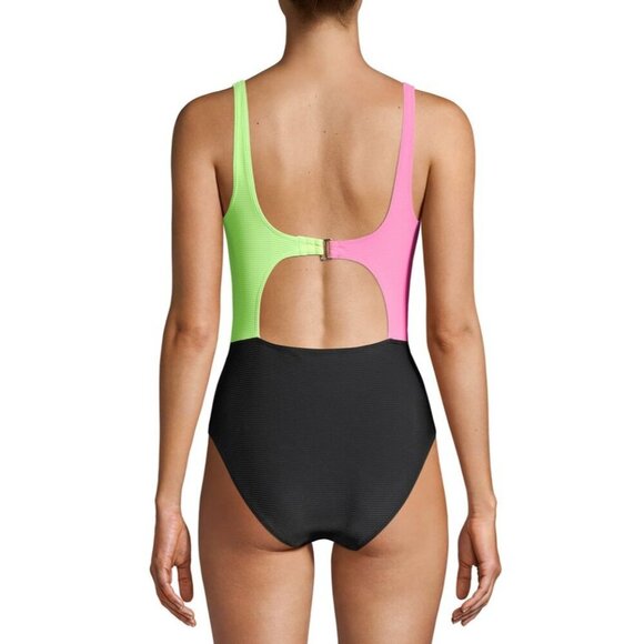 No Boundaries Juniors' Neon Colorblock One-Piece Swimsuit - Size M (7/9) - Picture 2 of 8